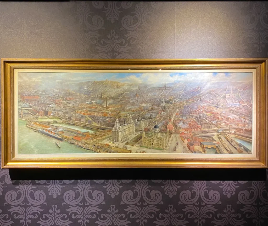 Off the Liverpool Waterfront pintado por Edward Wadsworth donde se muestra el muelle de Liverpool.